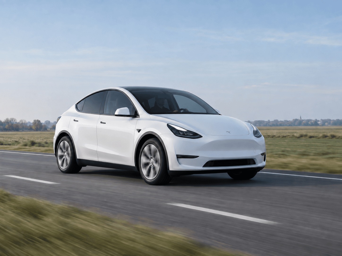 White ACH CAB Tesla Model Y driving in northern France
